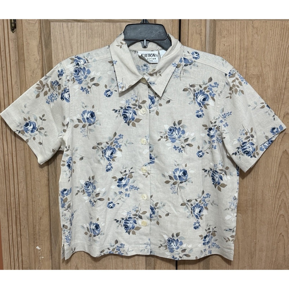 Erika Floral Womens Shirt Top Blouse Size PL Large Petite Beige Linen Blend Crop